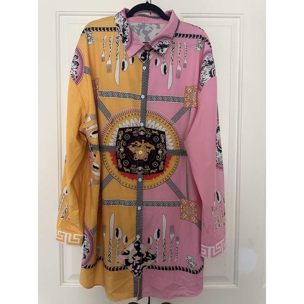Baroque Medusa Greek Key Shirt Women 5XL Pink Yellow Long Sleeve Silky Button Up
